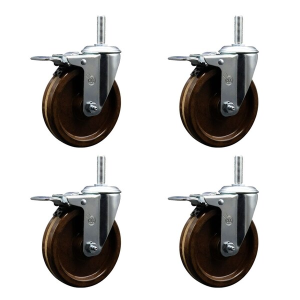 Service Caster 5 Inch High Temp Phenolic 58 Inch Stem Caster Set with Total Lock Brake SCC-TSTTL20S514-PHRHT-58212-4 - main